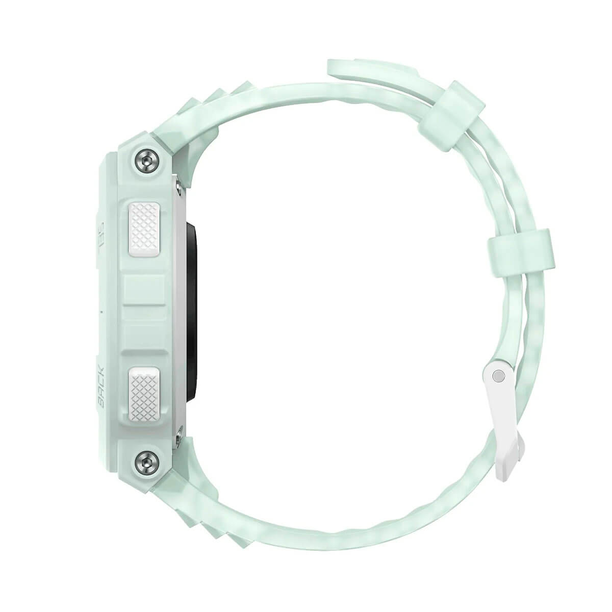 Ein hellgrünes digitales Armbanduhr-Zifferblatt mit einem Band auf weißem Hintergrund.