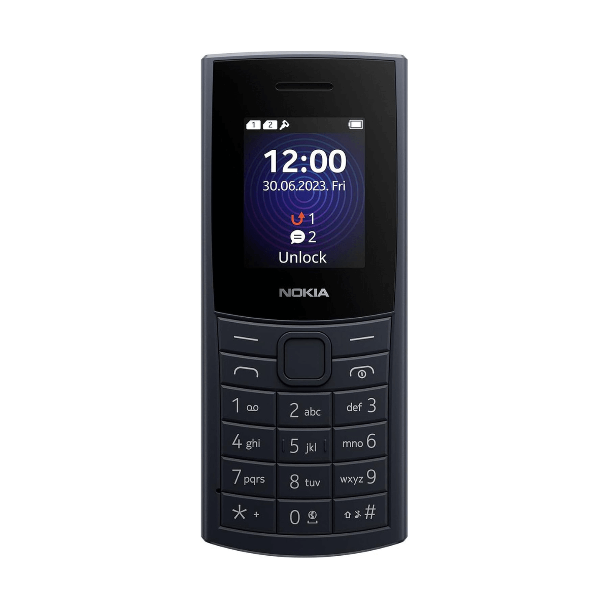 Telefono Nokia blu scuro con tastiera, mostra le 12:00 e la data.