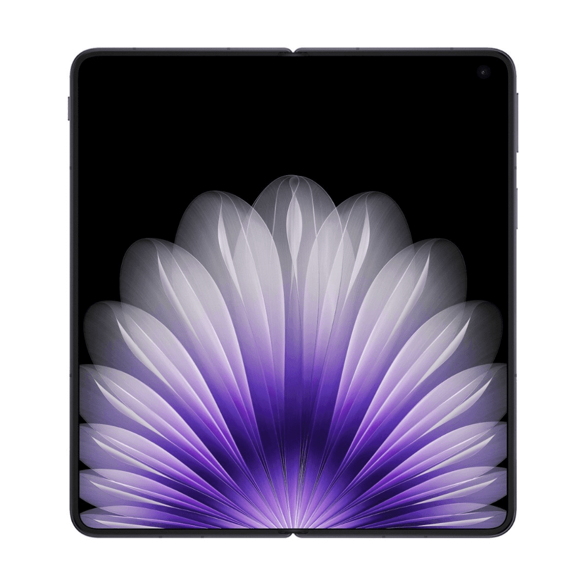 Ein geschlossenes Smartphone mit violettem Fächer-Hintergrundbild auf schwarzem Bildschirm.