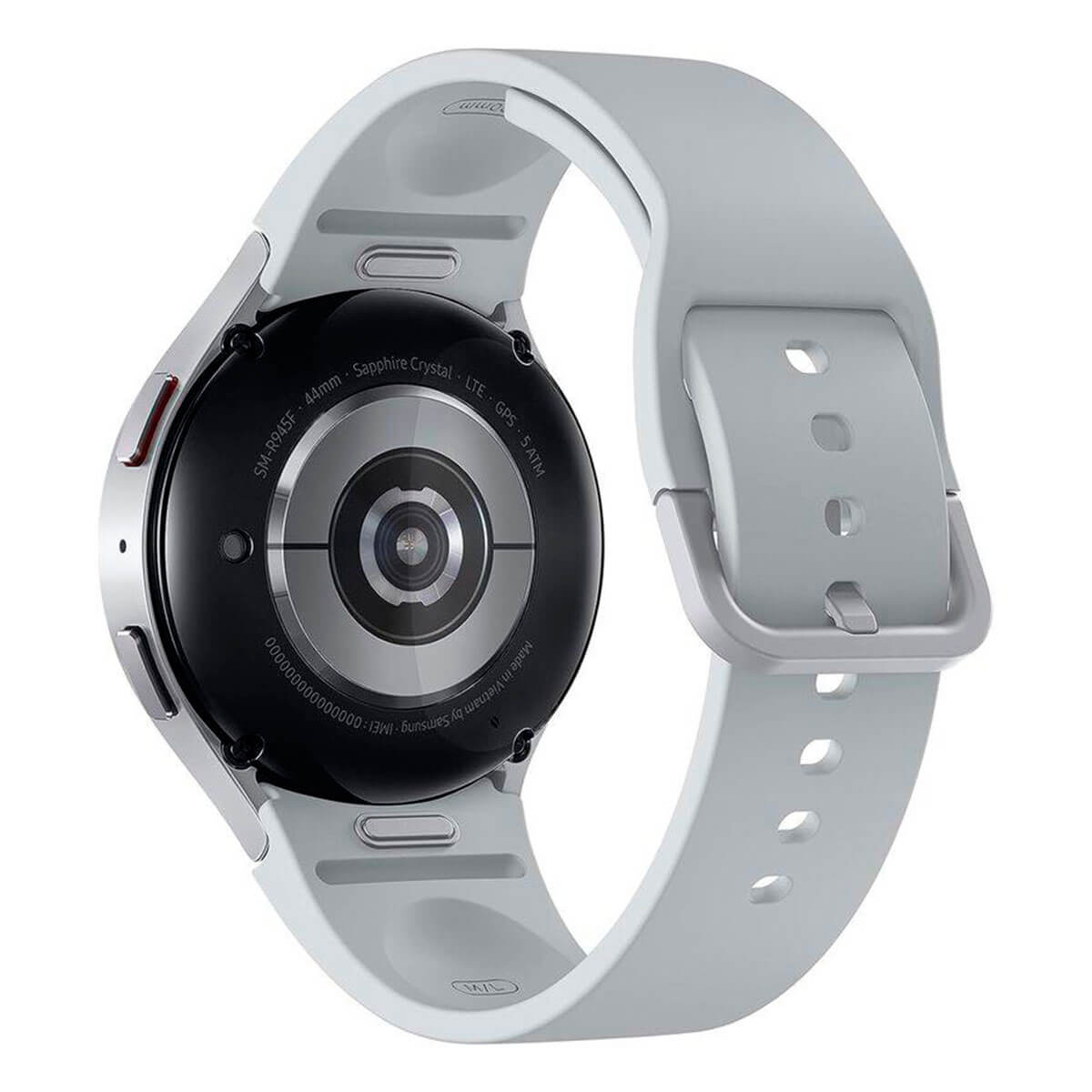 Vista trasera de un reloj inteligente gris con detalles plateados y banda blanca.