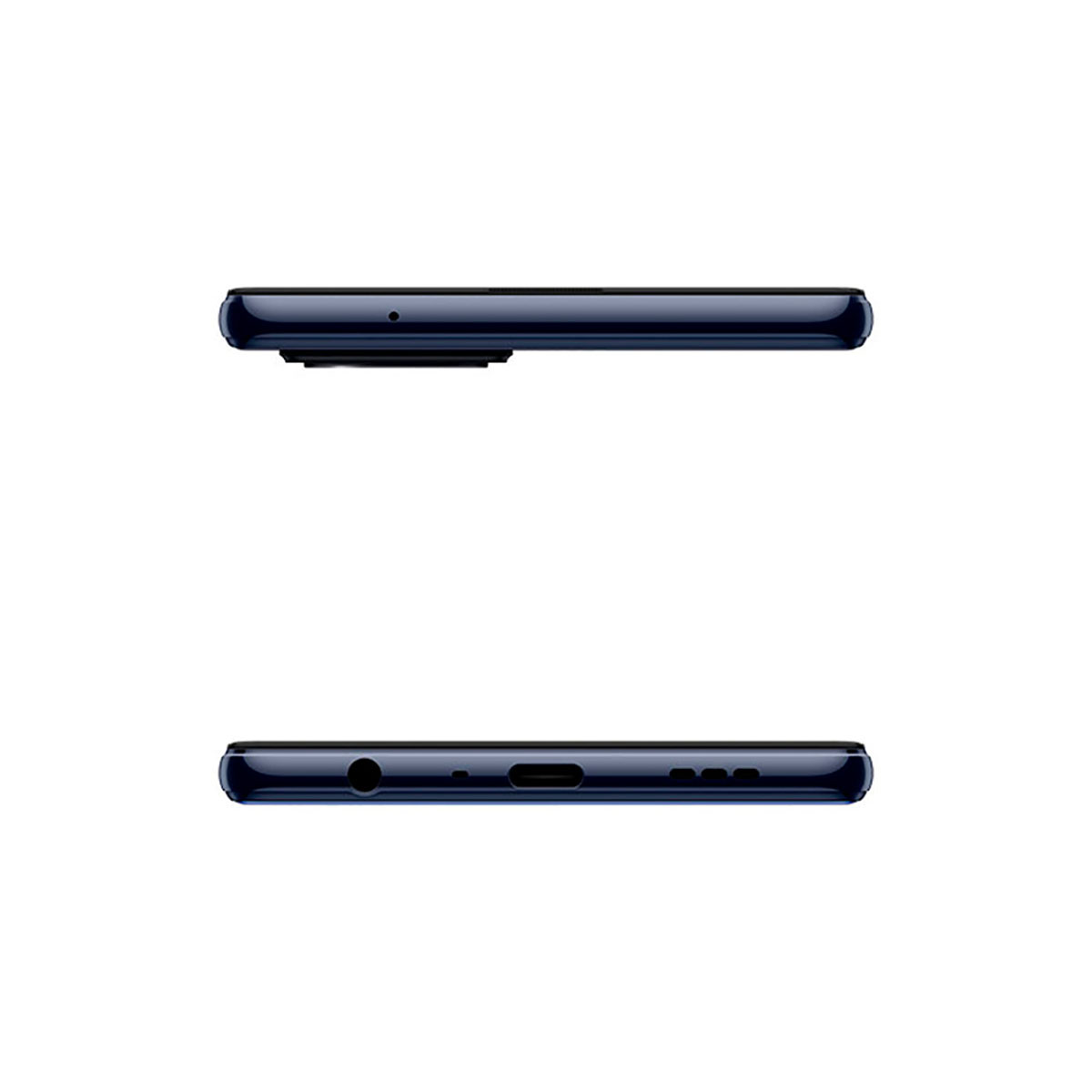 Ober- und Unteransicht eines dunkelblauen Smartphones mit Anschlüssen.