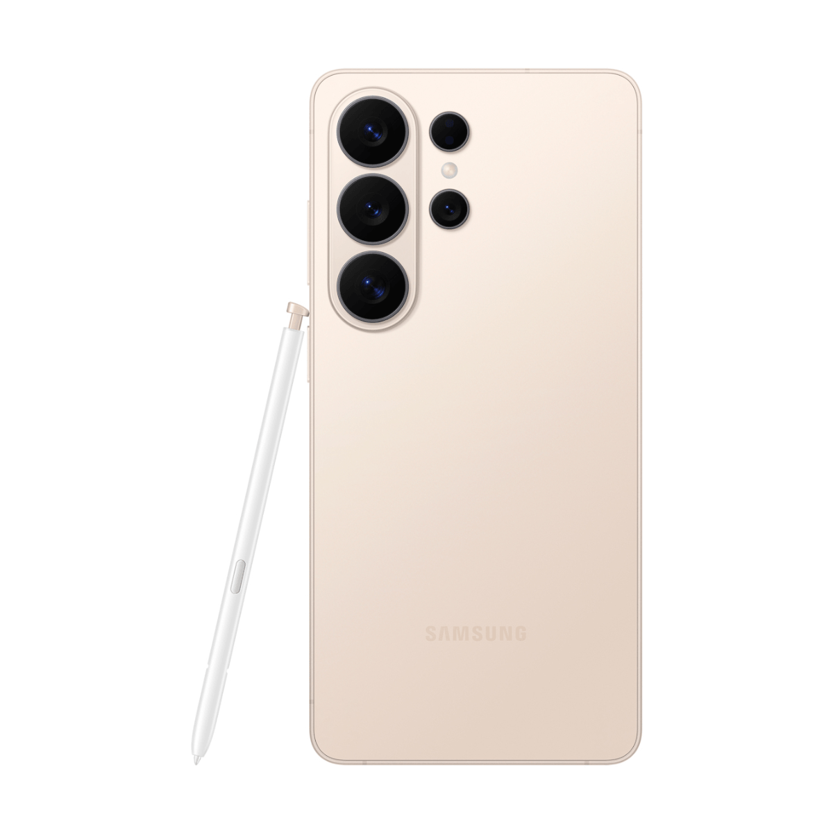 Beżowy telefon Samsung z wieloma obiektywami i białym rysikiem.