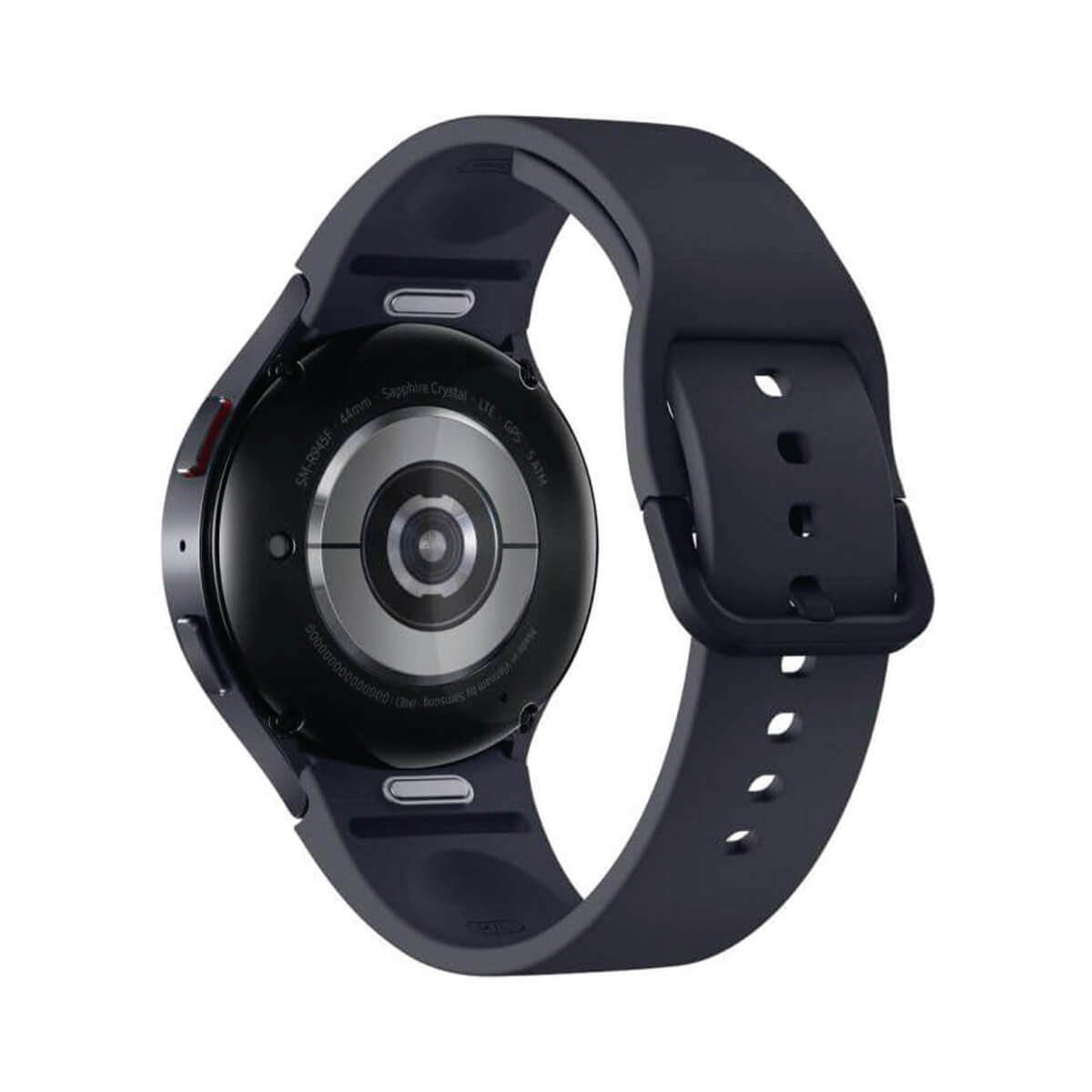 Vista trasera de un smartwatch azul oscuro con esfera redonda y correa azul oscuro.