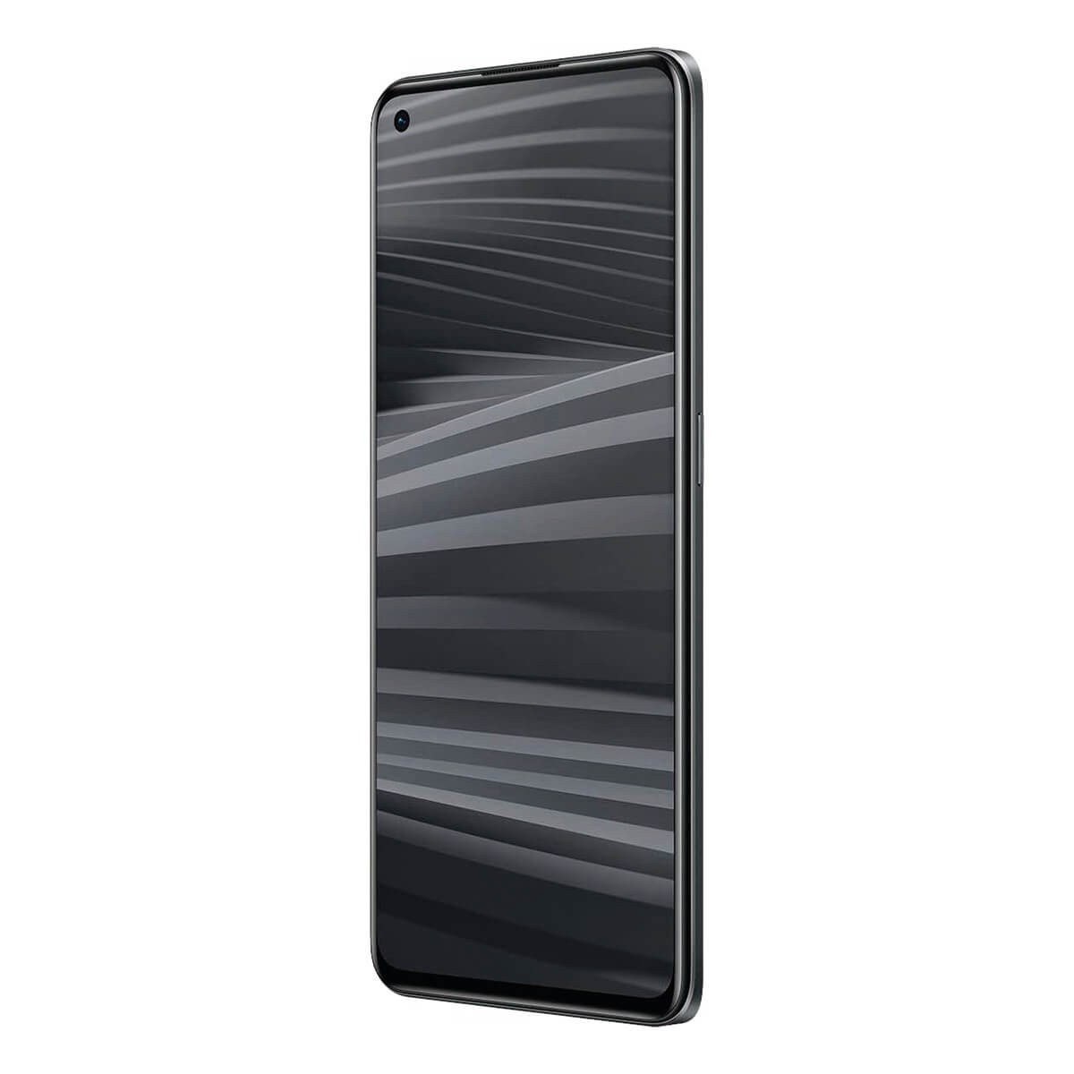 Czarny smartfon z abstrakcyjnym szarym tłem na ekranie.