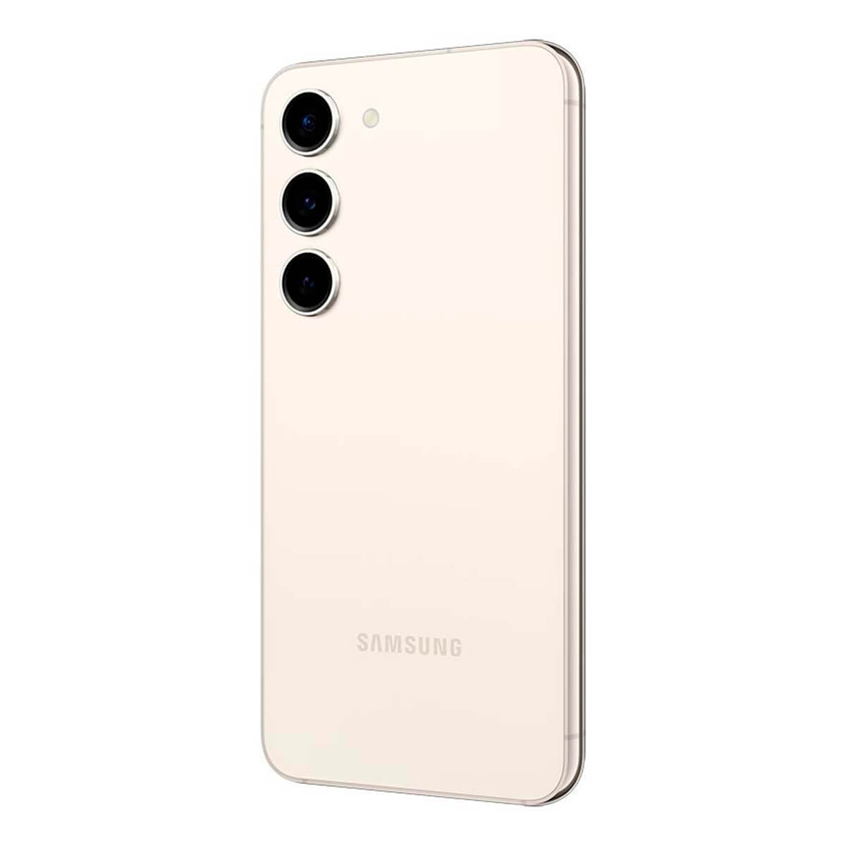 Tył jasnego smartfona Samsung z trzema obiektywami aparatu i logo Samsung.