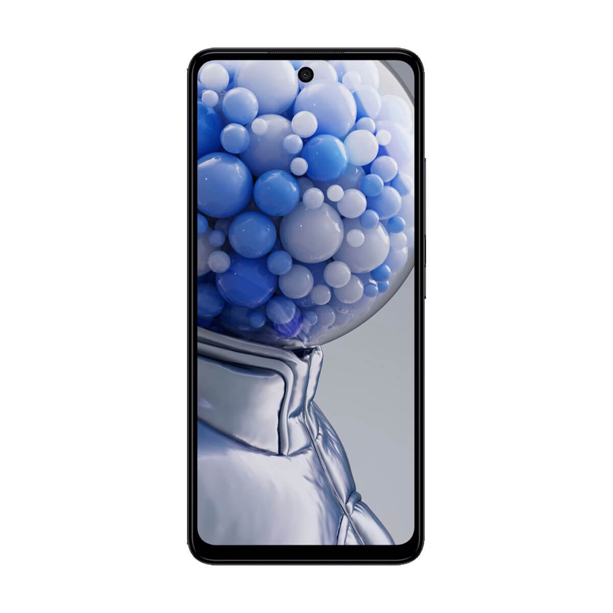 Ein Smartphone mit einem abstrakten Bild aus blauen und weißen Kugeln auf dem Bildschirm.