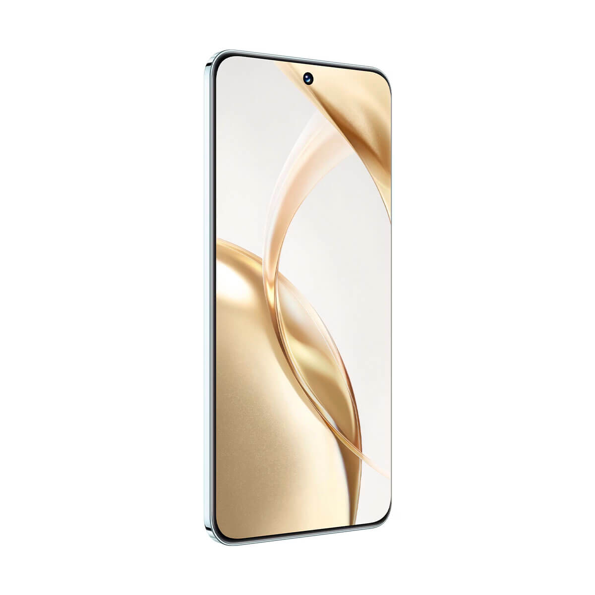 Ein schlankes Smartphone mit einem hellen, flüssigen Hintergrund.