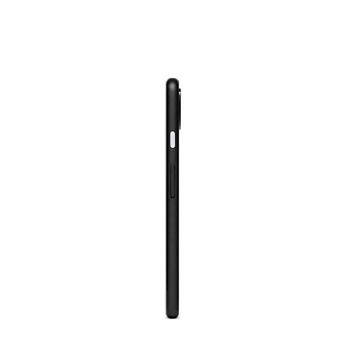 Schwarzes Smartphone im Seitenprofil auf weißem Hintergrund.