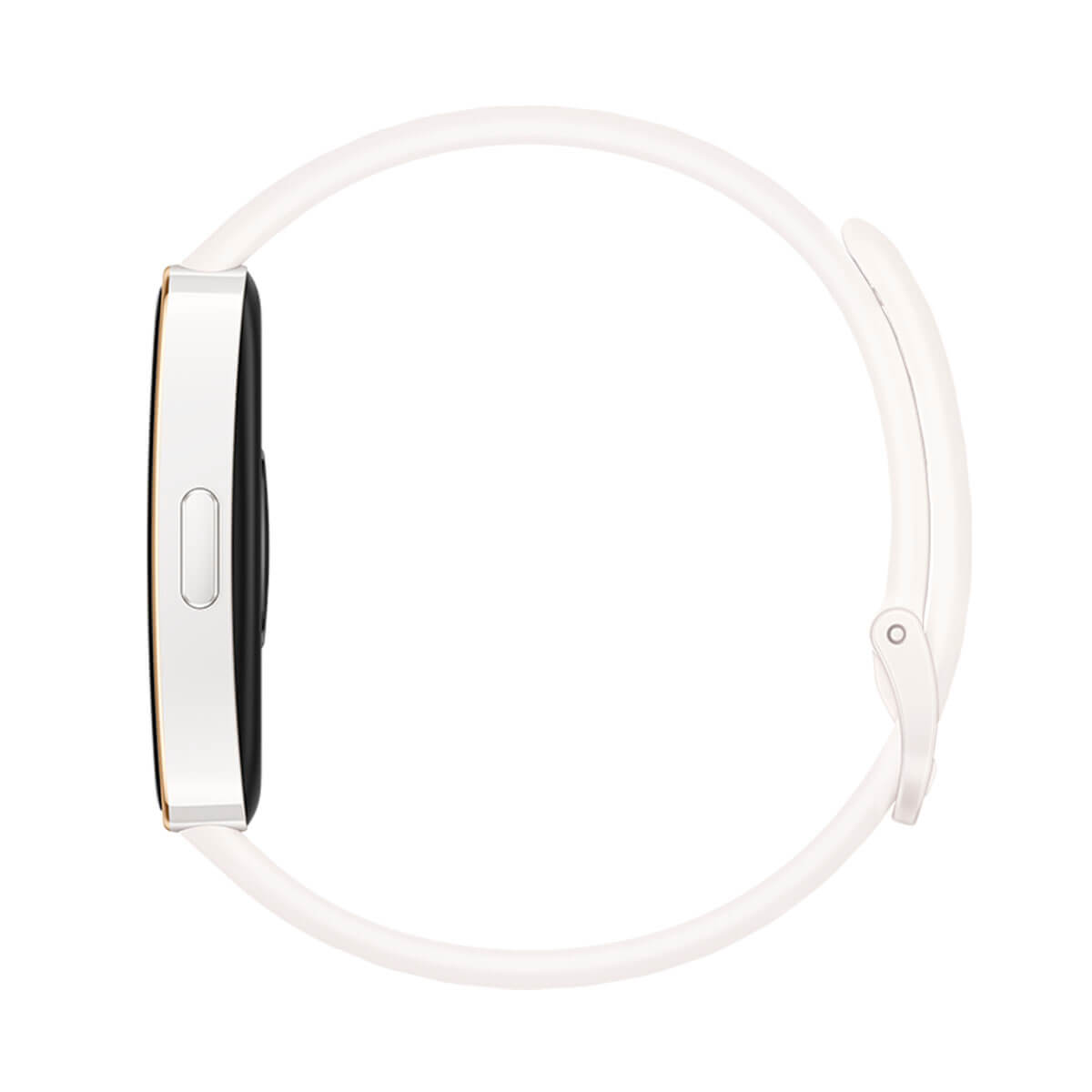 Ein weißes Smartwatch-Armband mit einem goldenen Gehäuse und einem schwarzen Bildschirm.