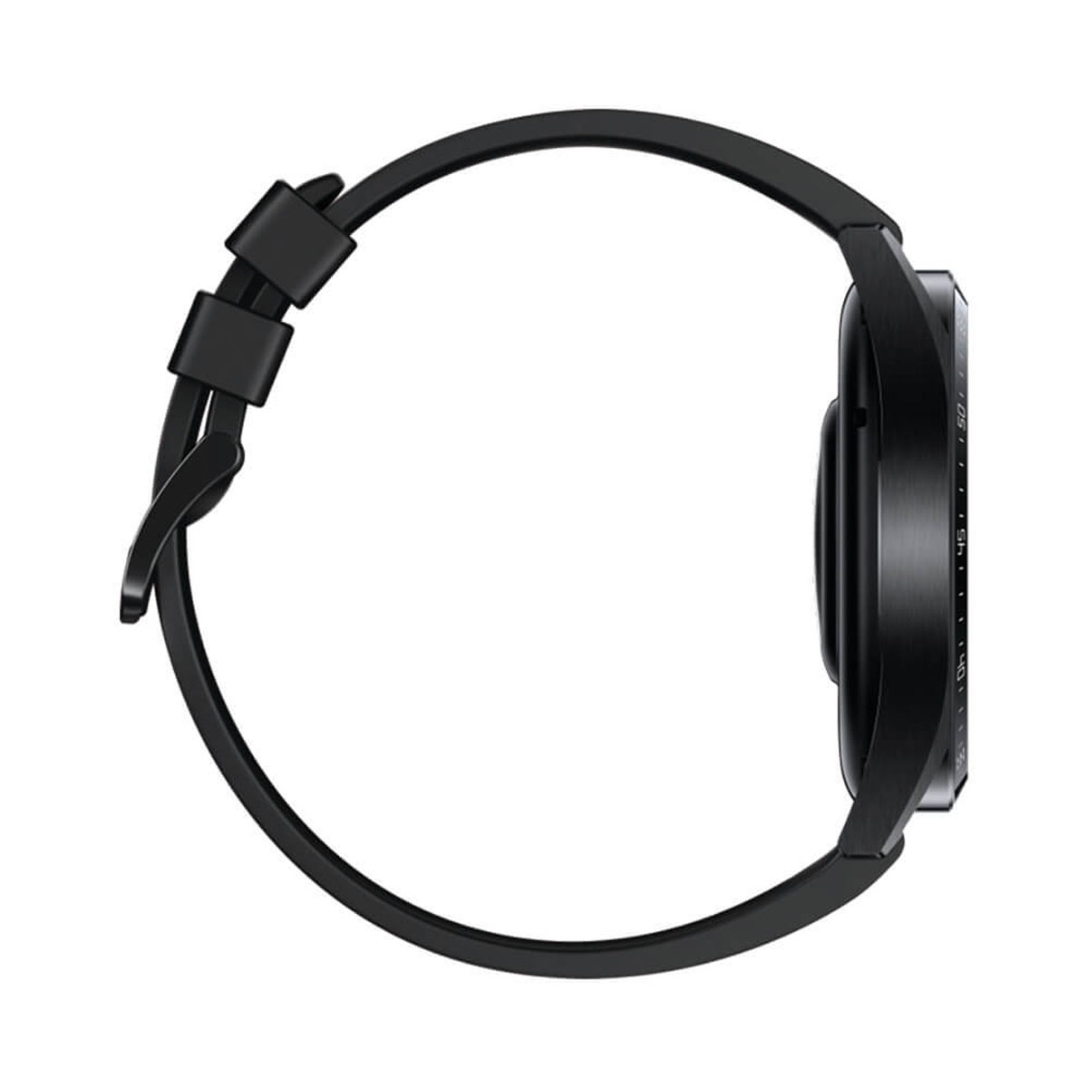 Schwarze Smartwatch mit schwarzem Armband und Schnalle, von der Seite auf weißem Hintergrund.