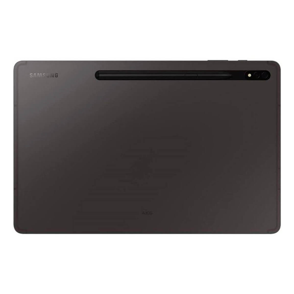 Donkergrijs Samsung tablet met stylus en achtercamera's.