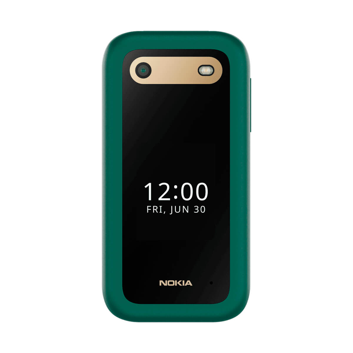 Un teléfono Nokia verde con pantalla negra que muestra las 12:00.