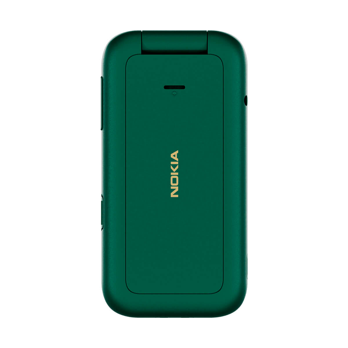 Un teléfono plegable Nokia cerrado, verde oscuro, con logo dorado al frente.