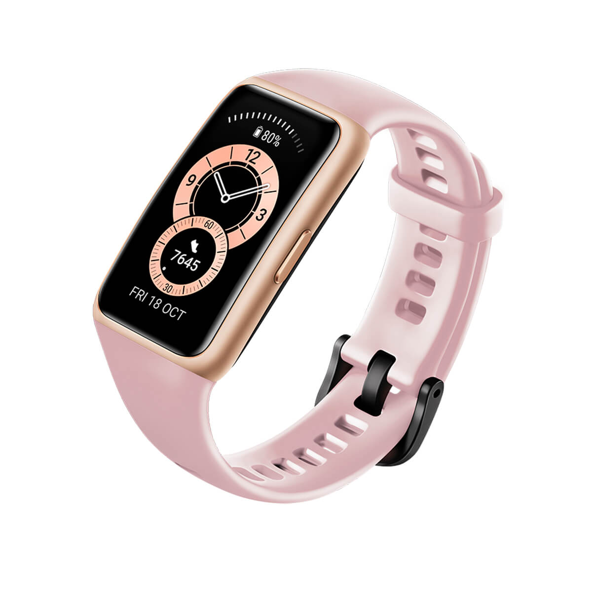 Una pulsera inteligente rosa con pantalla rectangular dorada que muestra hora, fecha, batería y recuento de pasos sobre fondo blanco.