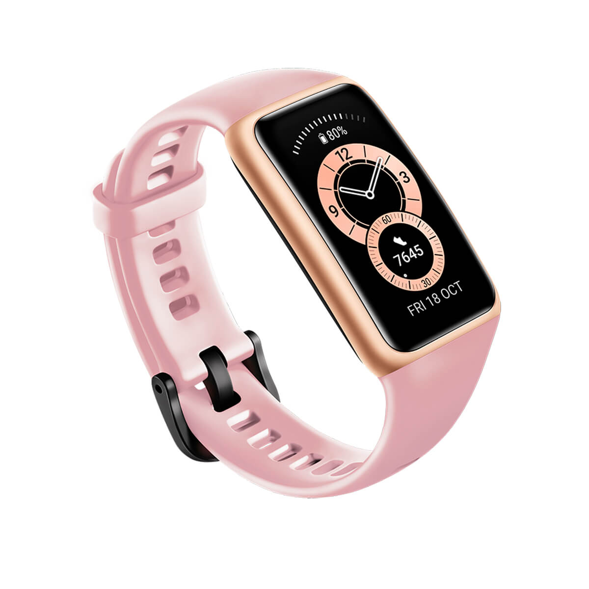 Un reloj inteligente rosa con marco dorado y hebilla negra. La pantalla muestra 80% de batería.