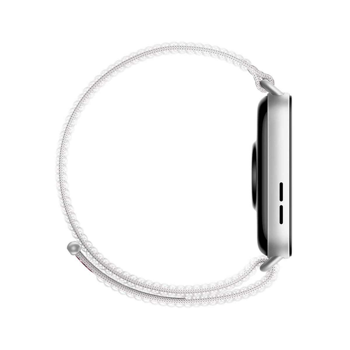 Een zilverkleurig smartwatch met een witte geweven band, geïsoleerd op witte achtergrond.