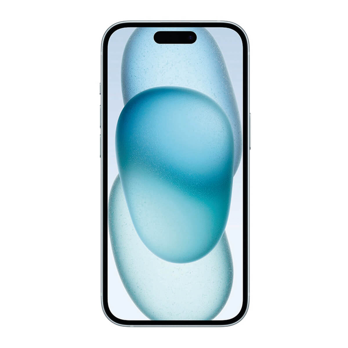 Srebrny smartfon z dynamicznym niebieskim tłem i wcięciem.