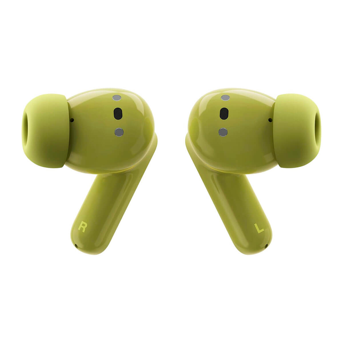 Deux écouteurs sans fil vert lime avec embouts en silicone sur fond blanc.