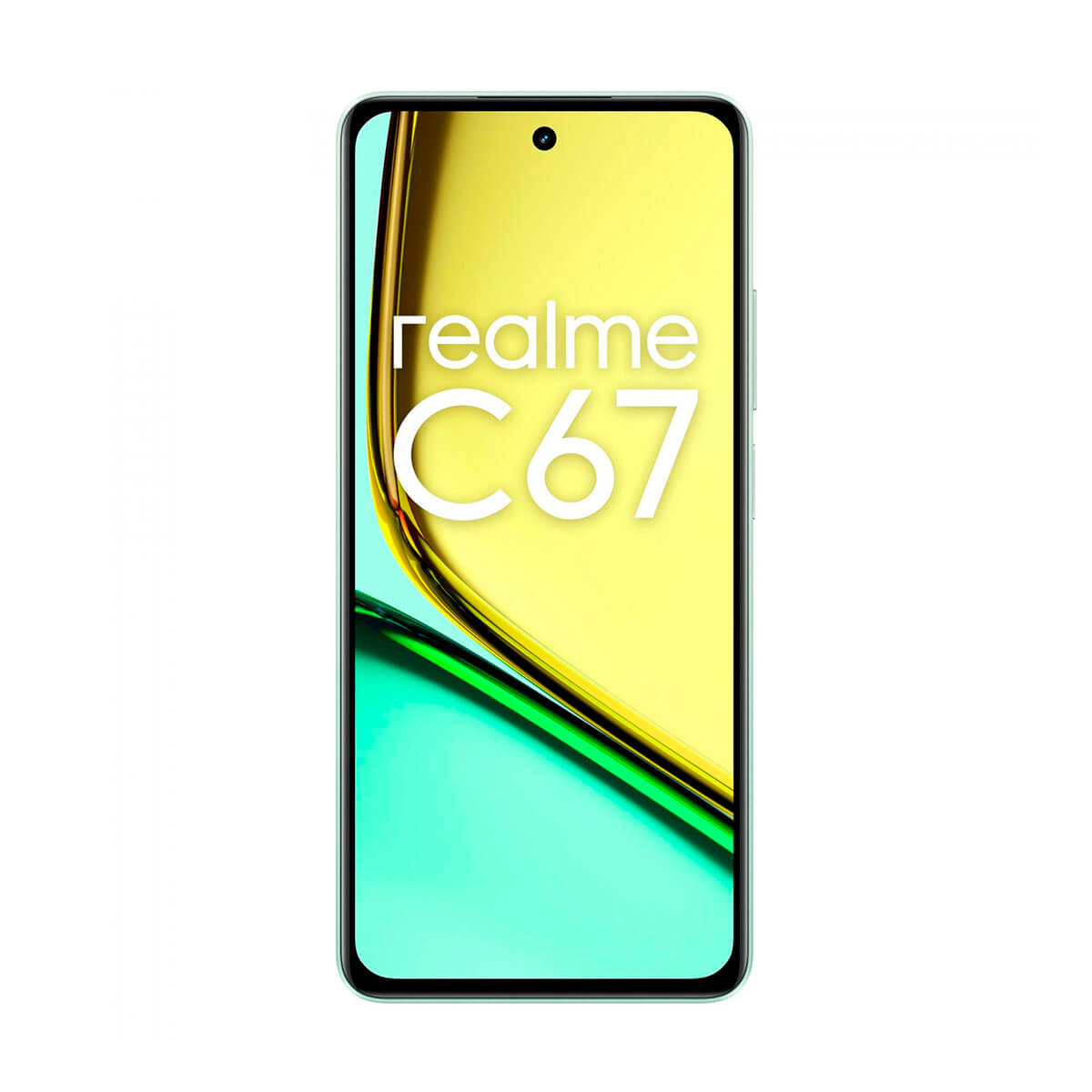 Ein Realme C67 Smartphone mit einem gelben und türkisfarbenen Hintergrund.
