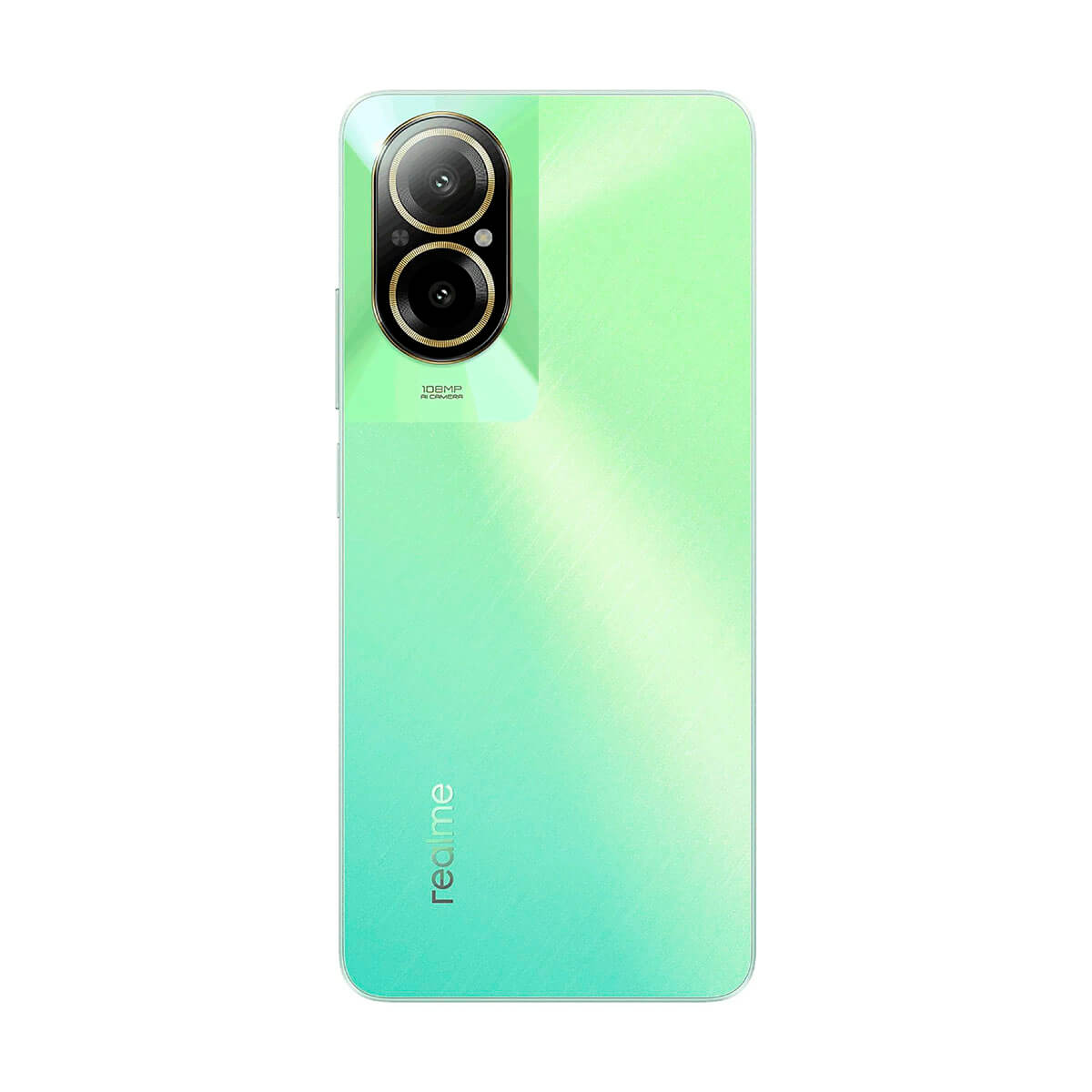Rückseite eines mintgrünen Smartphones mit zwei Kameras und Realme-Logo.