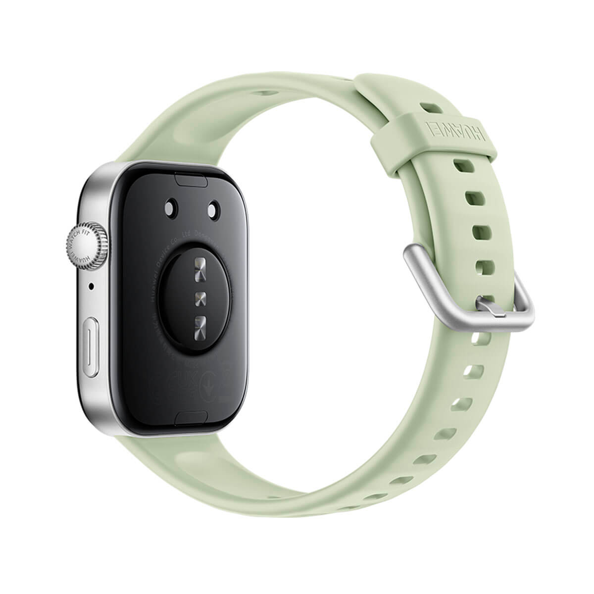 Un reloj inteligente verde claro con bisel plateado y parte trasera negra. La correa es verde claro.