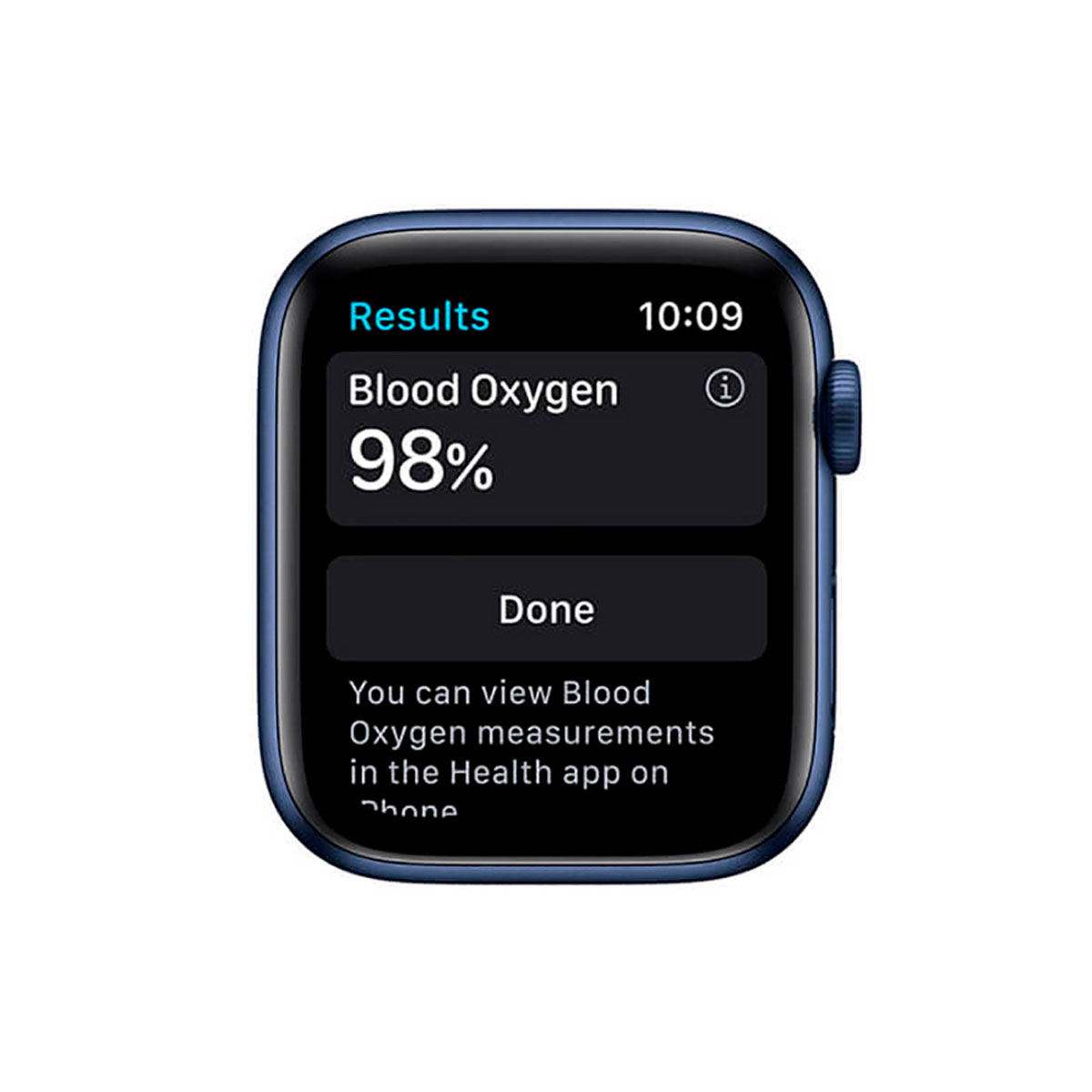Apple Watch zeigt Blutsauerstoffmessung von 98% an.