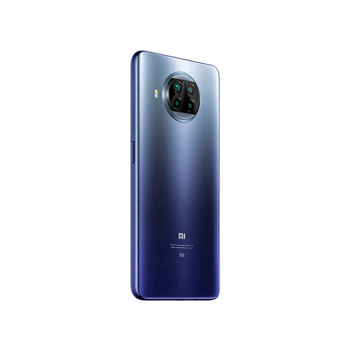 Back of a blue-grey smartphone with four cameras and a "5G" logo.
