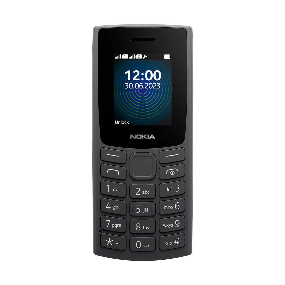 Teléfono móvil Nokia gris con teclado y pantalla mostrando las 12:00.