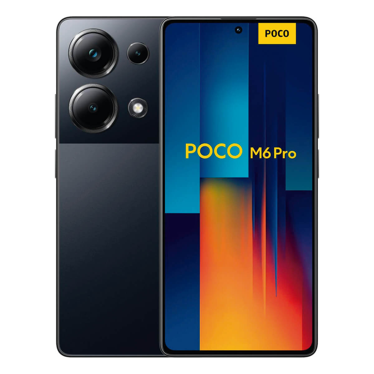 Ein schwarzes POCO M6 Pro Smartphone mit drei Kameras auf der Rückseite.