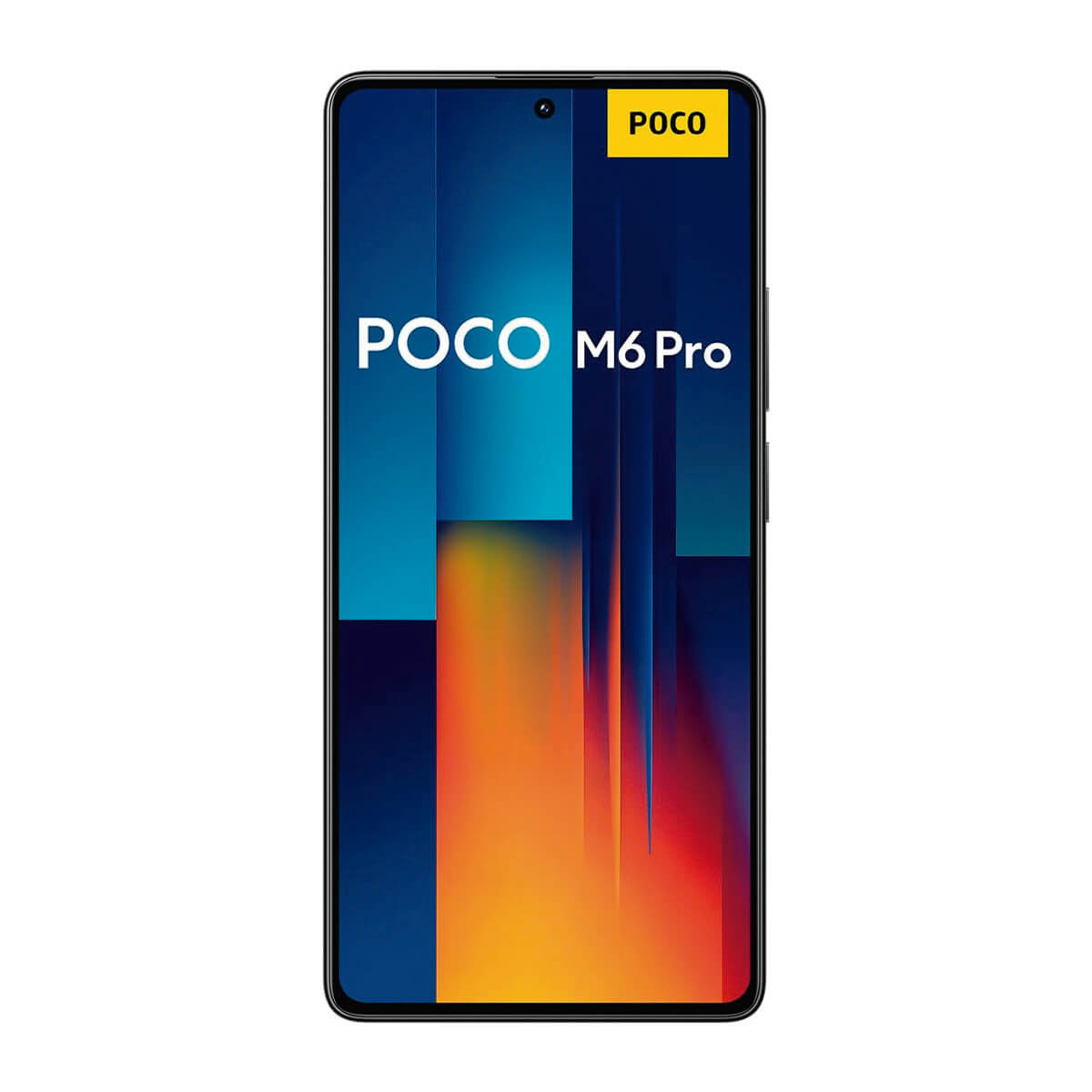 Ein POCO M6 Pro Smartphone mit abstraktem Hintergrund in Blau- und Orangetönen.
