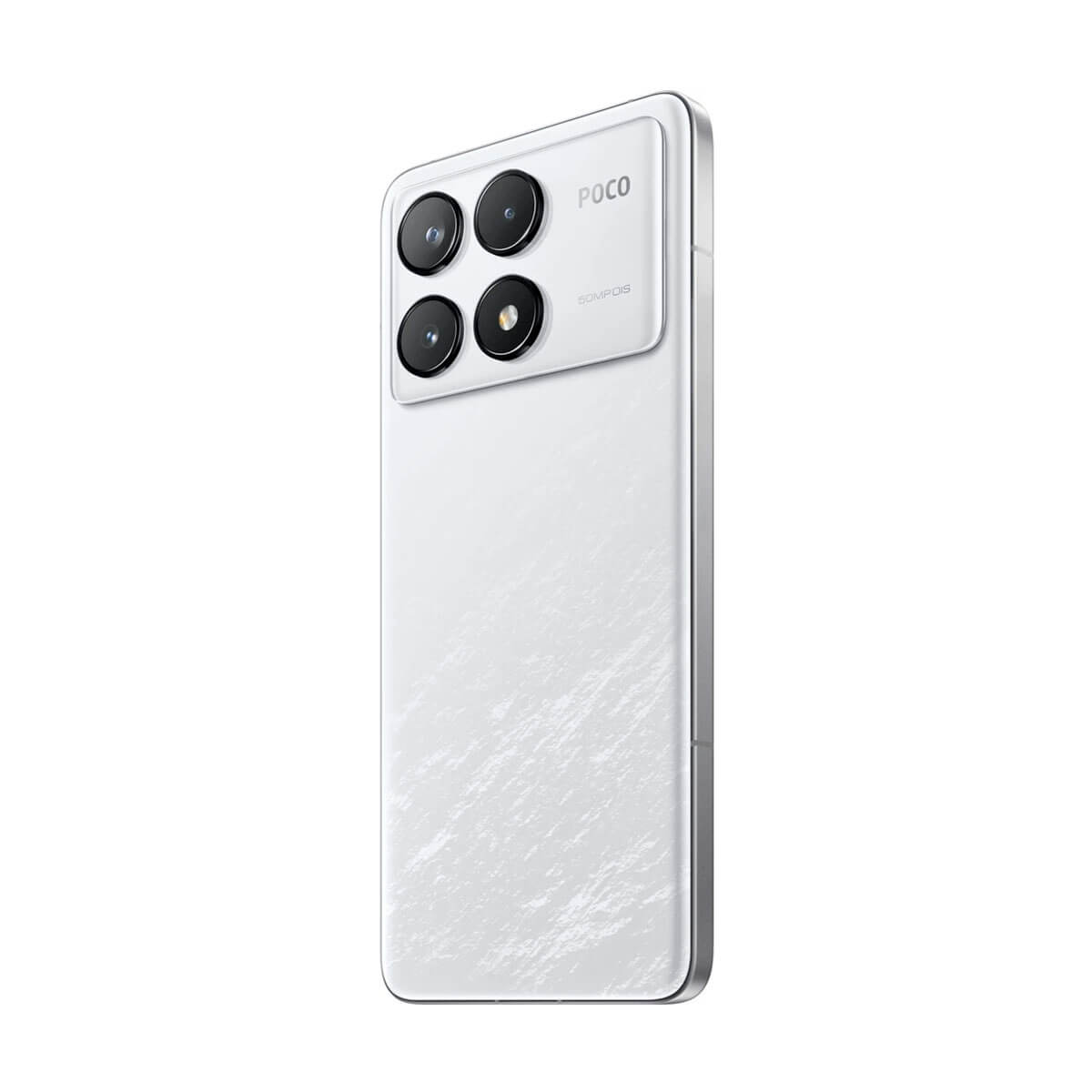 Biały smartfon z czterema aparatami i logo POCO na białym tle.