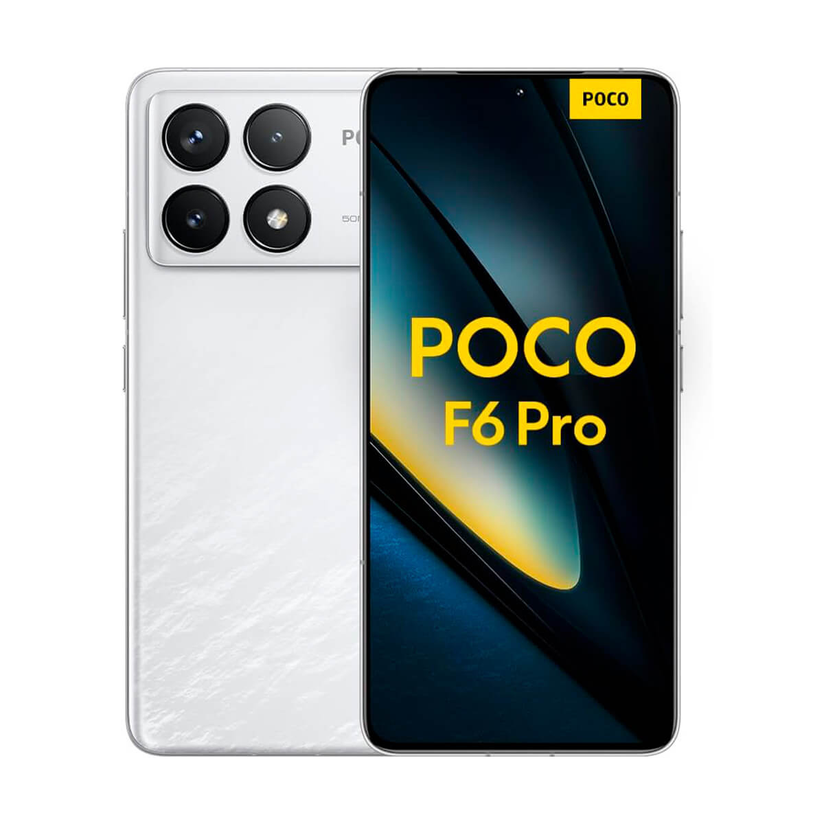 Biały smartfon POCO F6 Pro z czterema tylnymi aparatami i ciemnym ekranem.