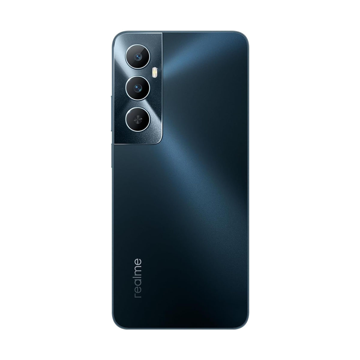 Smartphone blu scuro con tre fotocamere posteriori e logo Realme.