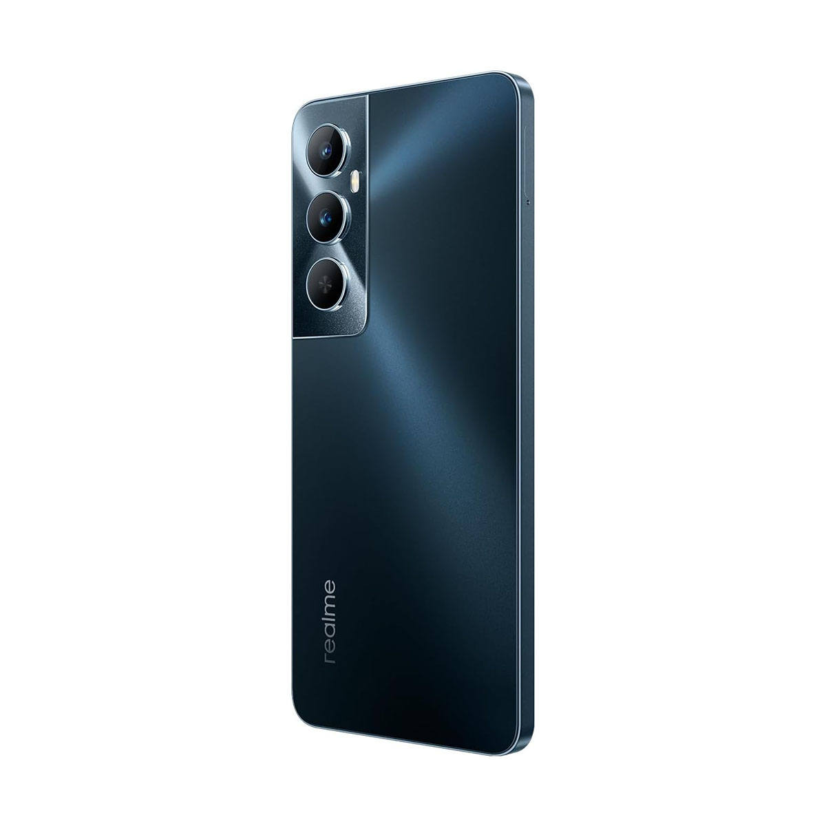 Smartphone blu scuro con tre fotocamere e logo Realme, su sfondo bianco.