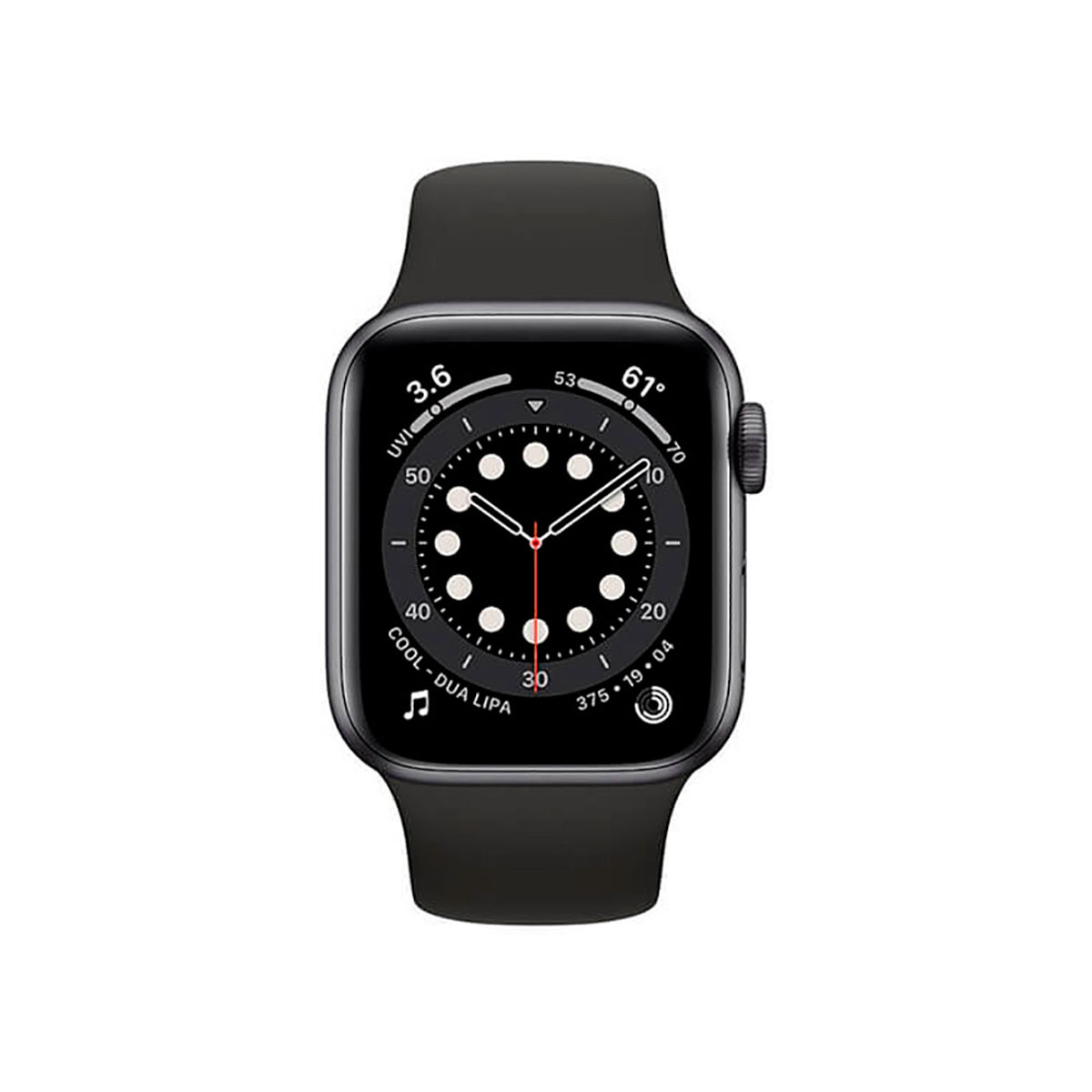 Een zwarte smartwatch met zwart bandje en wijzerplaat met cijfers en iconen.