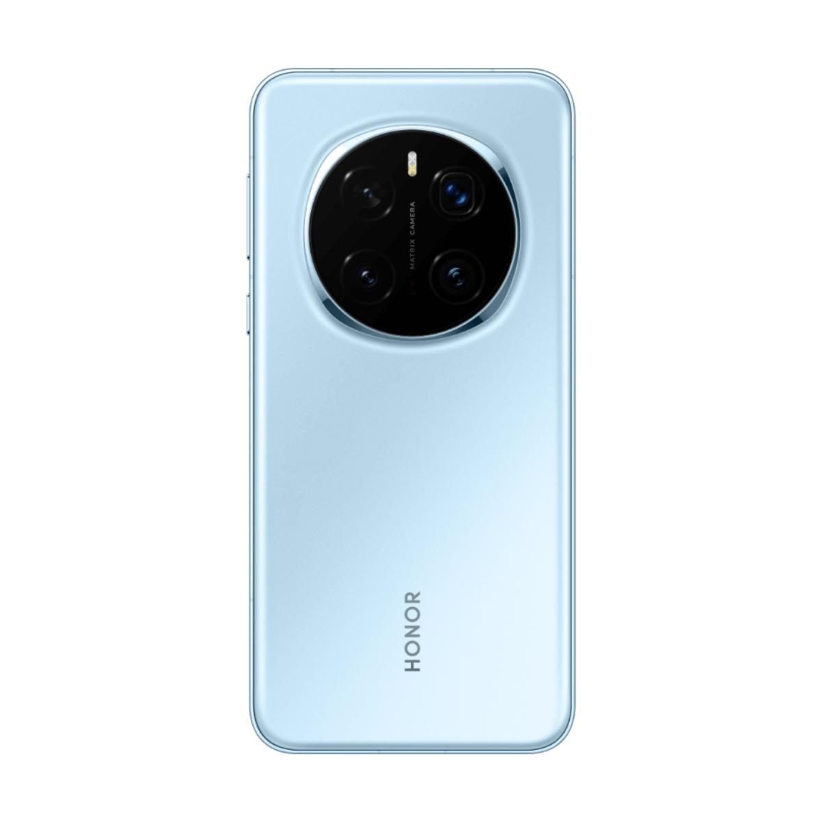 A blue smartphone with a round camera module and the HONOR logo.