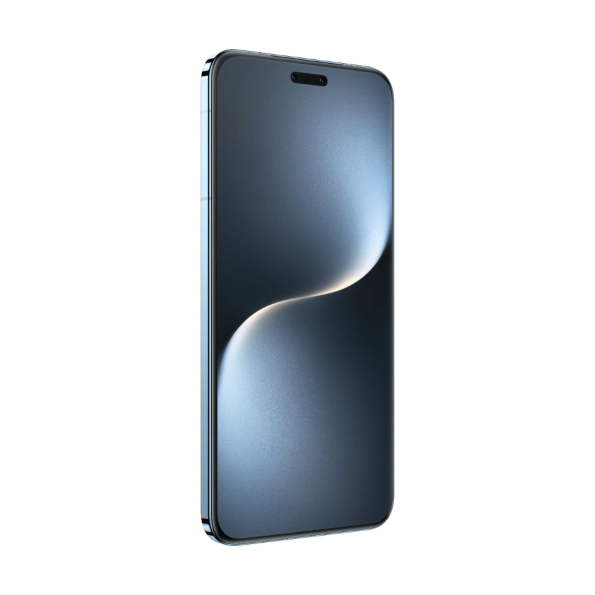 A blue smartphone displaying a curved light pattern on its screen.