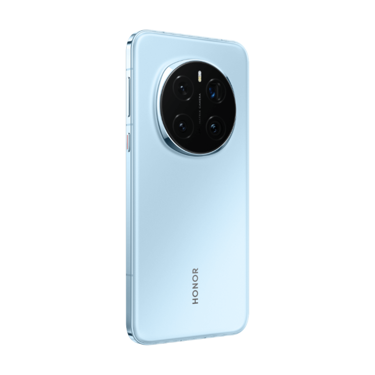 A light blue smartphone with a round camera module arrangement on the back.