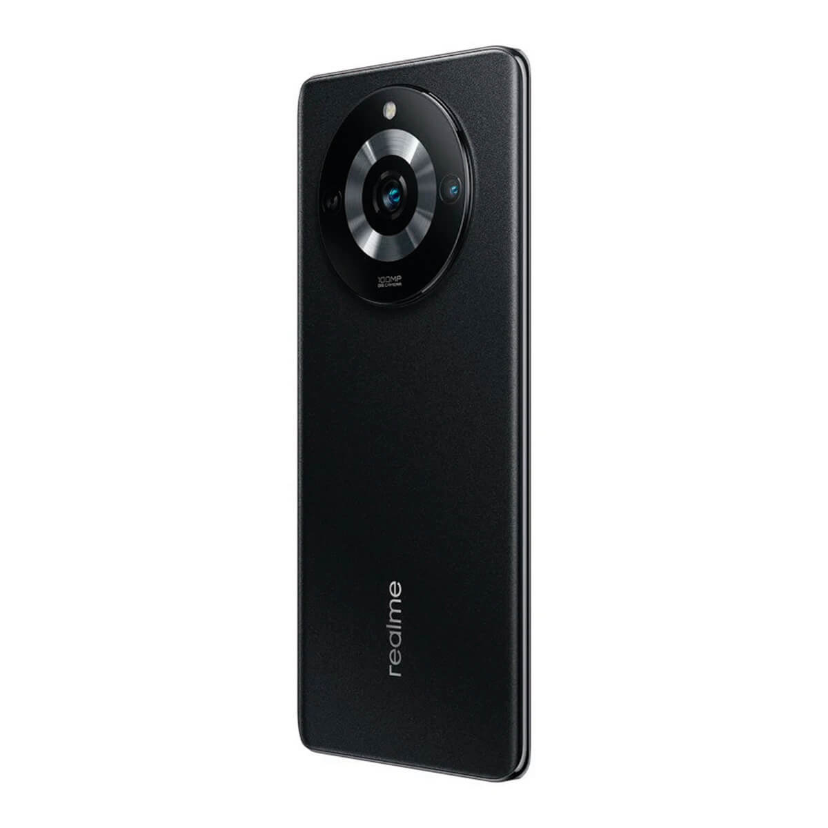 Smartphone nero con modulo fotocamera circolare e logo Realme sul retro.