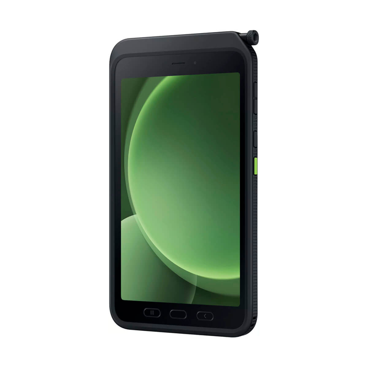 Zwarte smartphone met groene achtergrond en een klein rond object rechtsboven.