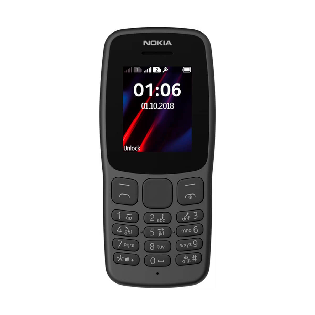 Czarny telefon Nokia z godziną 01:06 i datą 01.10.2018.