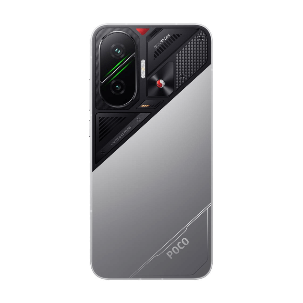 Rückseite eines silbernen Smartphones mit Kameramodul und POCO-Logo.