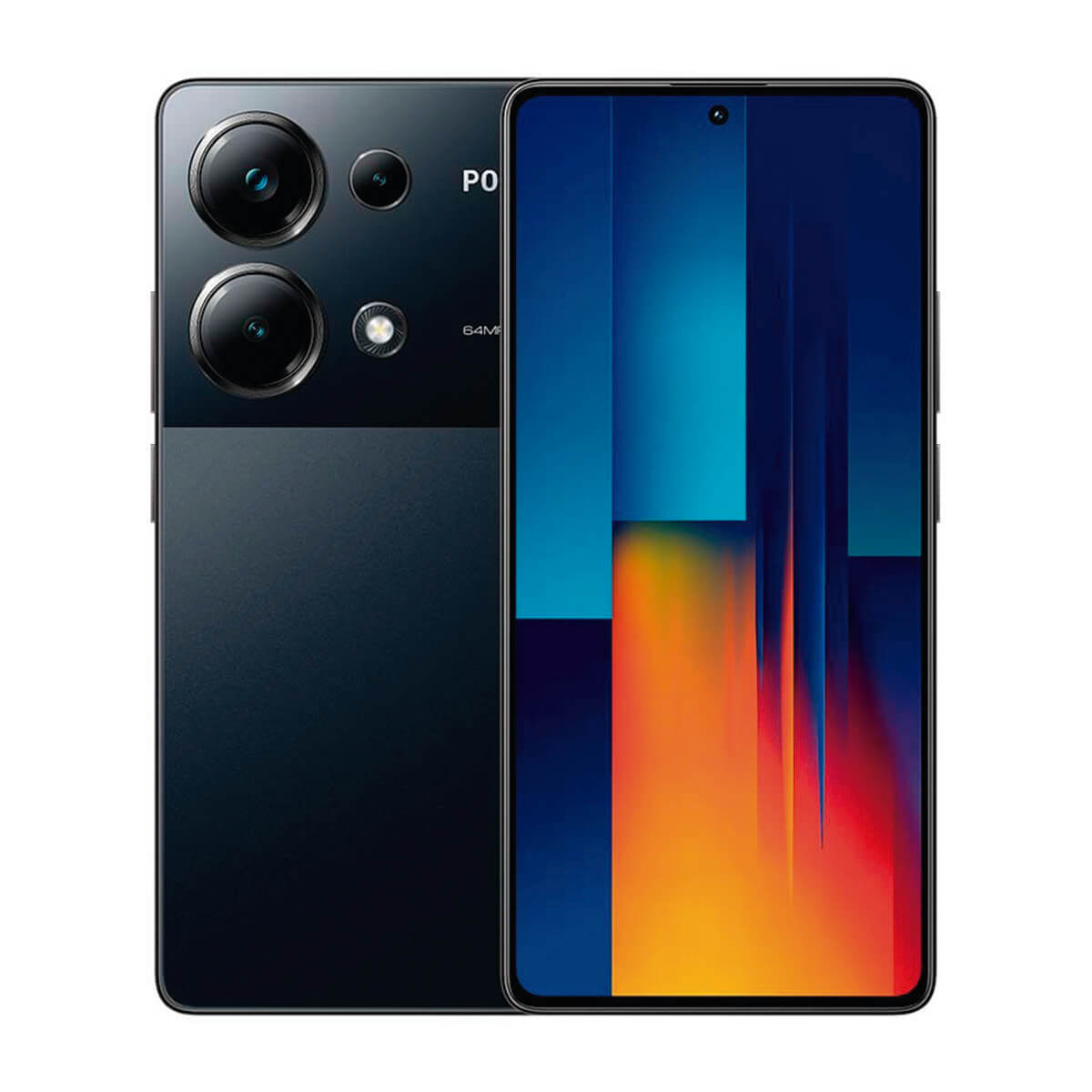 Ein schwarzes Smartphone mit Dreifachkamera und lebendigem abstrakten Hintergrundbild auf dem Bildschirm.