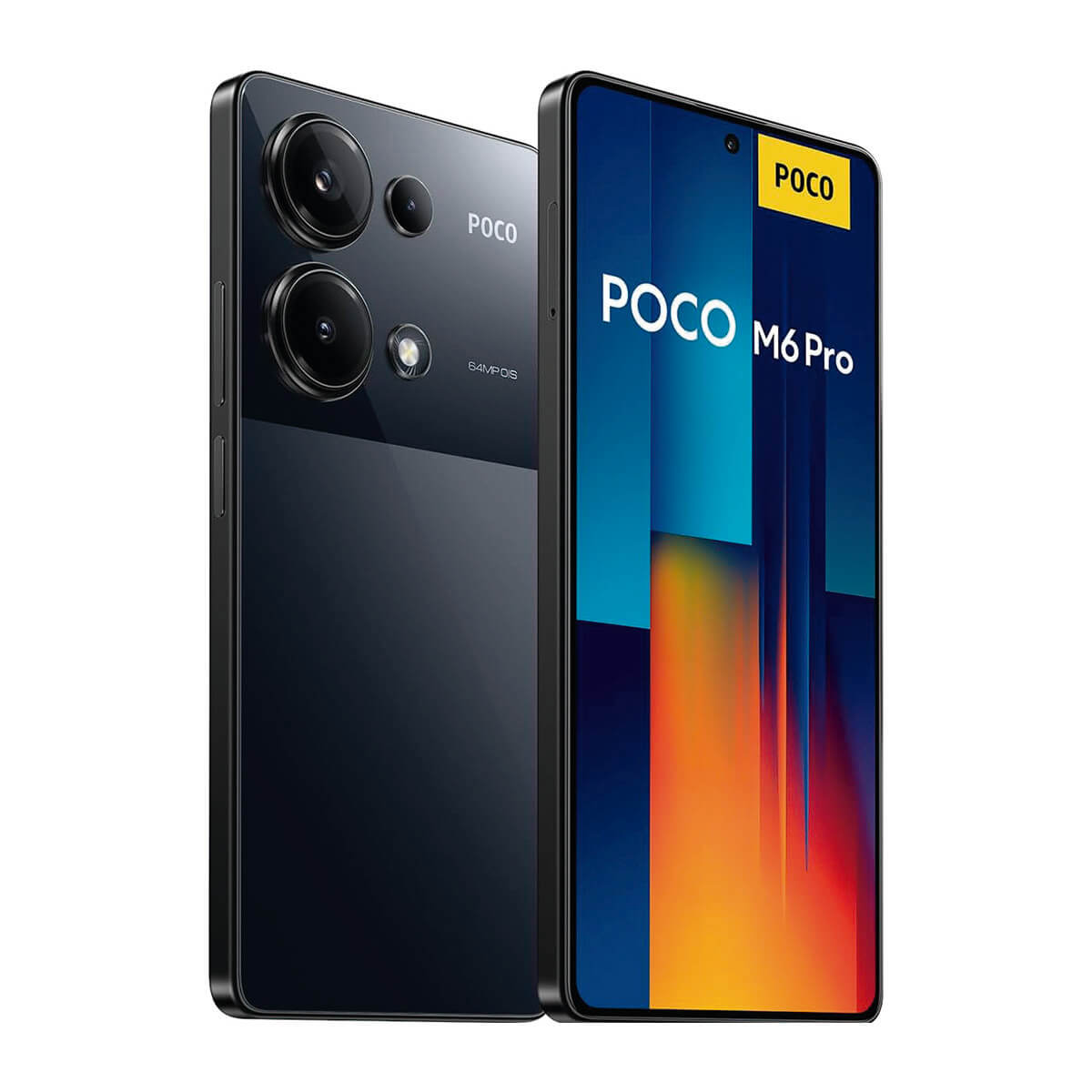 Zwei schwarze POCO M6 Pro Smartphones nebeneinander, eines von hinten, eines von vorne.