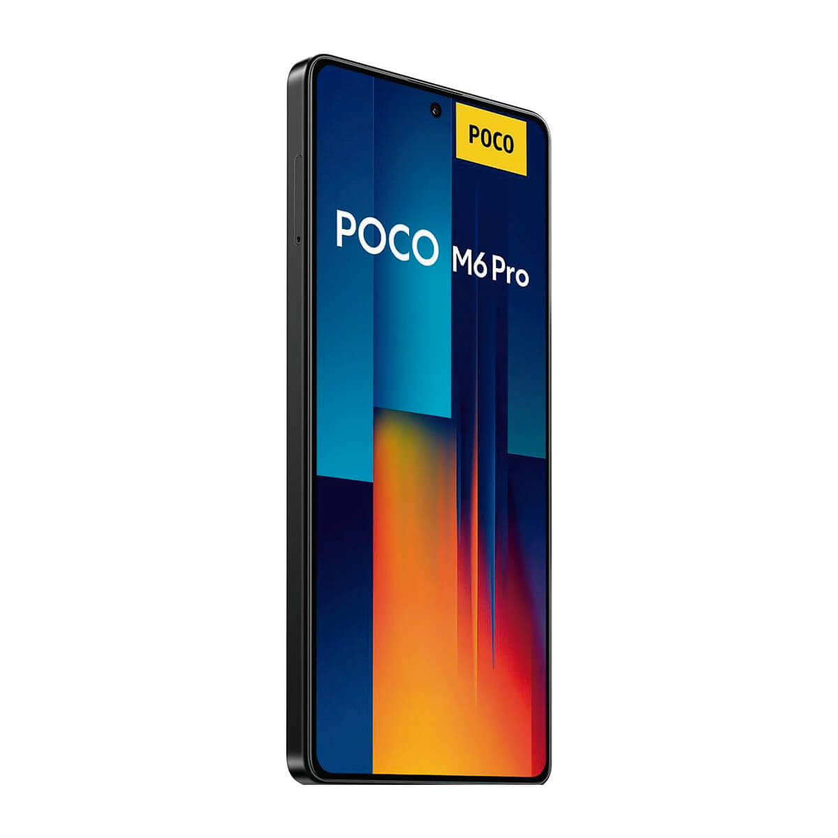 Ein POCO M6 Pro Smartphone mit einem dynamischen Hintergrund auf dem Bildschirm.