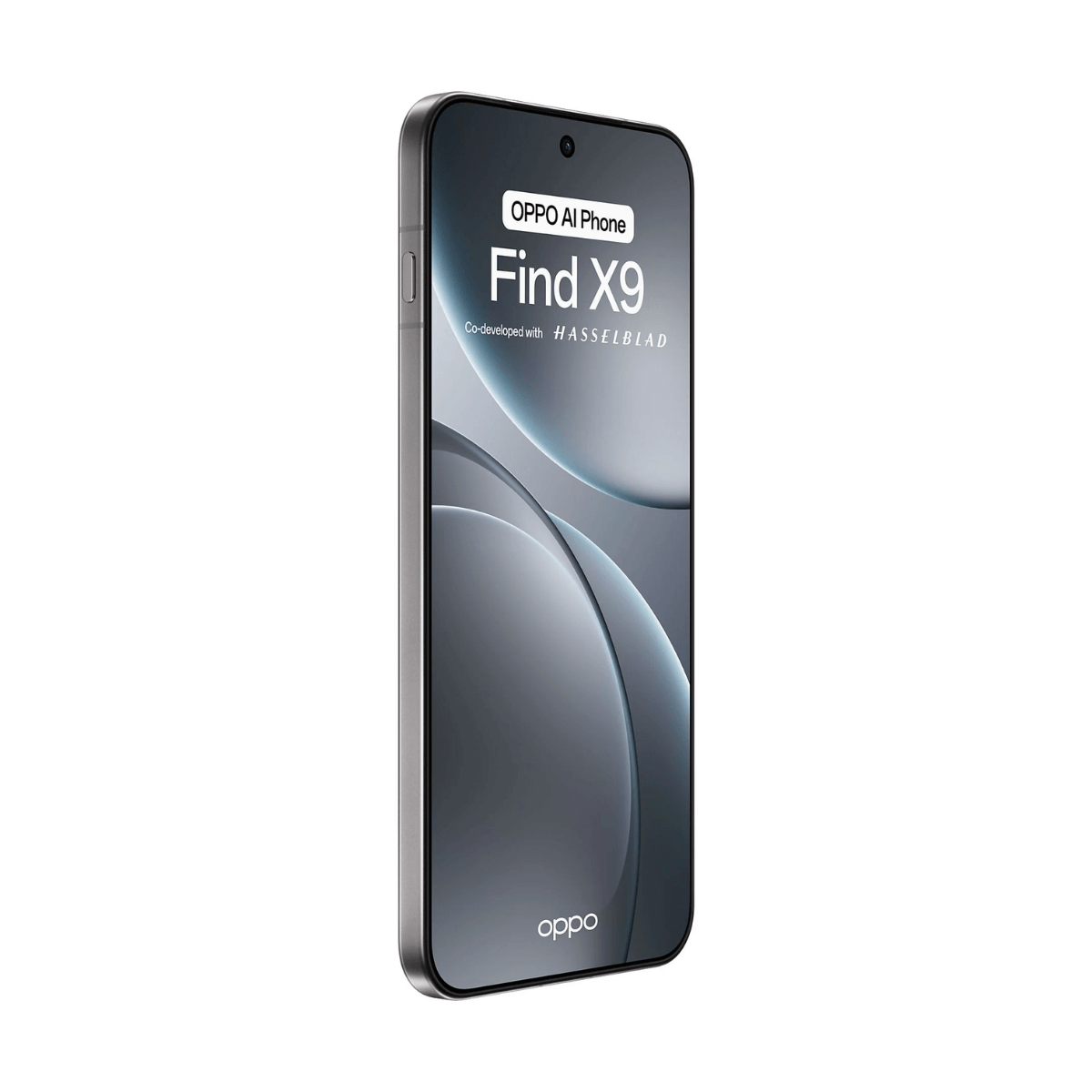 Telefon AI Oppo Find X9 z logo Hasselblad na ekranie. Srebrna ramka.