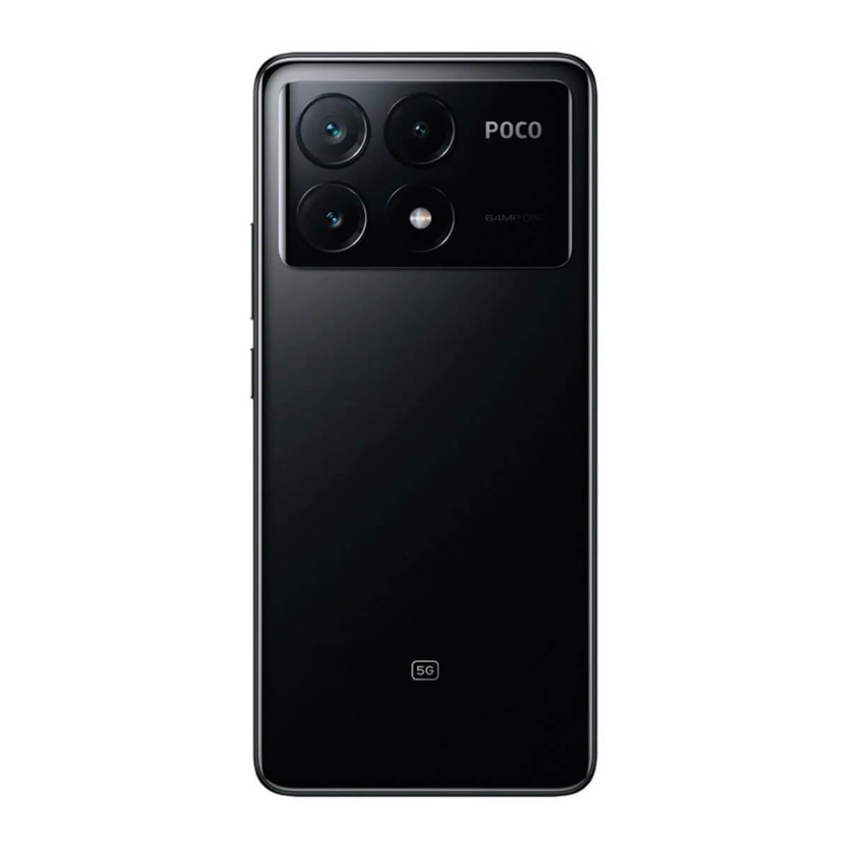 Schwarzes Smartphone mit POCO-Logo und 64MP-Kamera-Array auf der Rückseite.