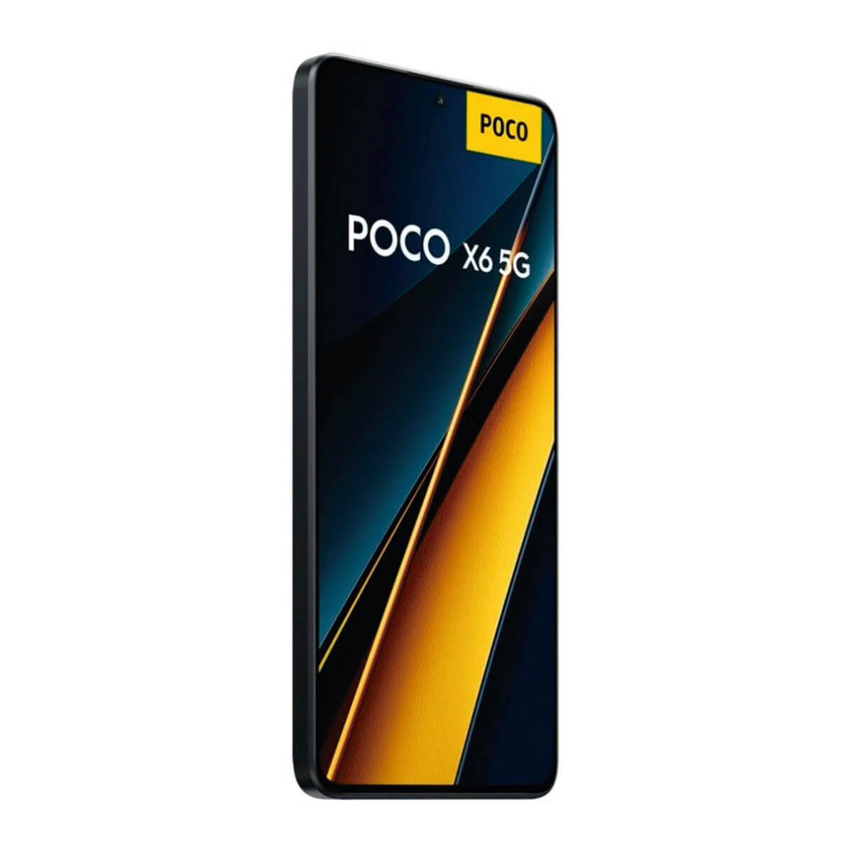 Ein schwarzes Smartphone mit POCO X6 5G Schriftzug und gelbem POCO-Logo.