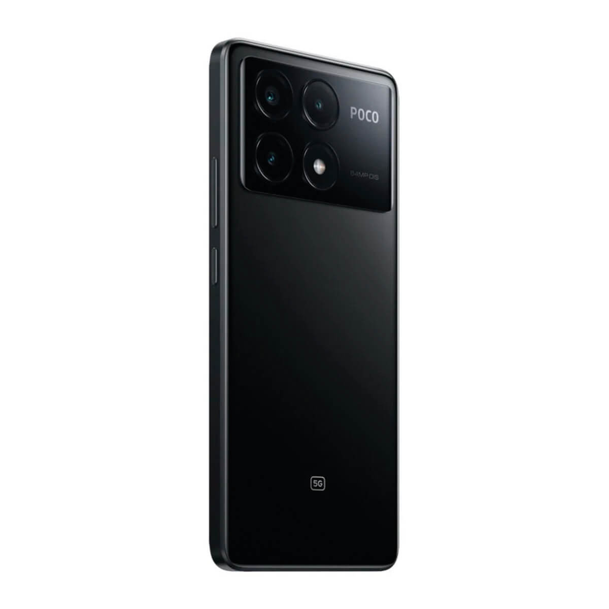 Schwarzes Smartphone mit POCO-Logo und 5G-Symbol auf der Rückseite.