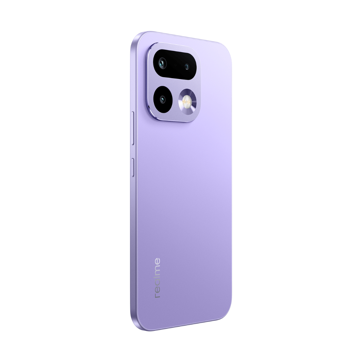 Lila Smartphone mit drei Kameras und Blitz auf der Rückseite.